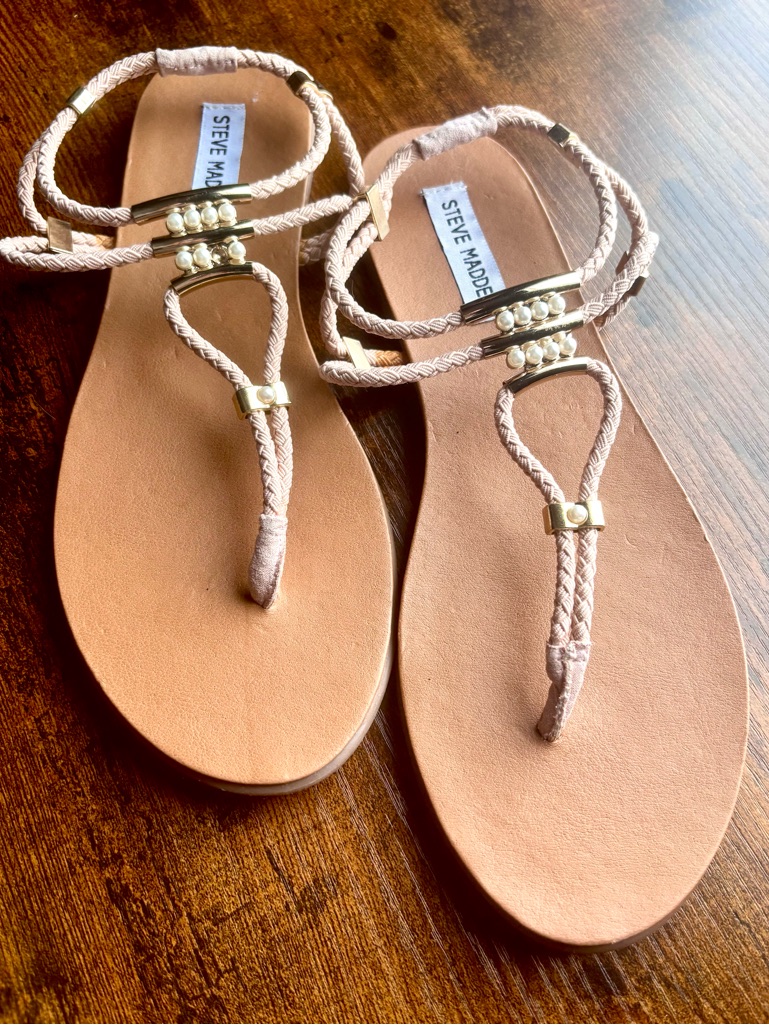 Steve Madden Blush Braided Pearl T-Strap Sandals
